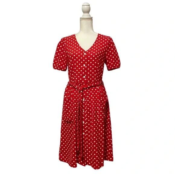 Eva Rose Short Sleeve Polka Dot Belted Dress with Pockets Red